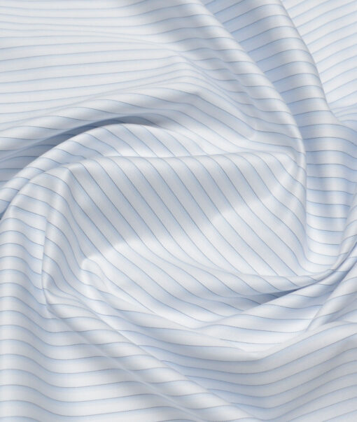 Tessitura Monti 2 Ply 140's Supima Cotton Striped Shirting Fabric (White & Sky Blue)