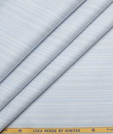 Soktas  Giza Cotton Striped Shirting Fabric (White & Sky Blue)