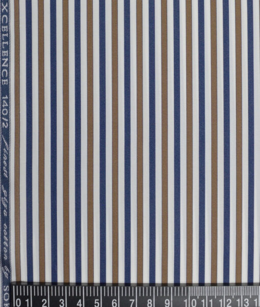 Soktas 2 Ply 140's Giza Cotton Striped Shirting Fabric (White & Brown)