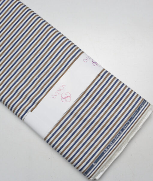 Soktas 2 Ply 140's Giza Cotton Striped Shirting Fabric (White & Brown)