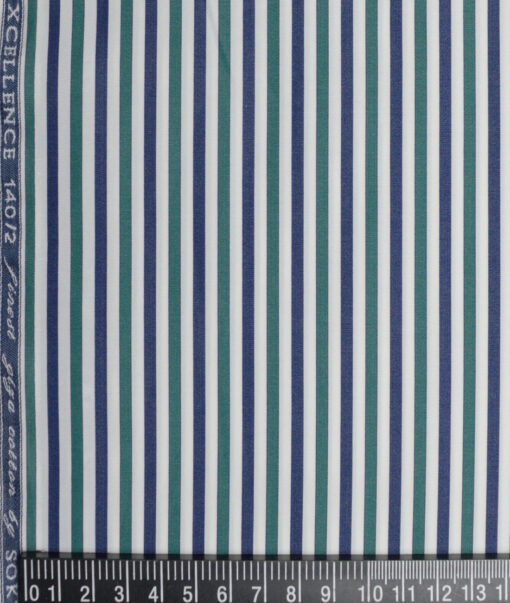 Soktas 2 Ply 140's Giza Cotton Striped Shirting Fabric (White & Green)