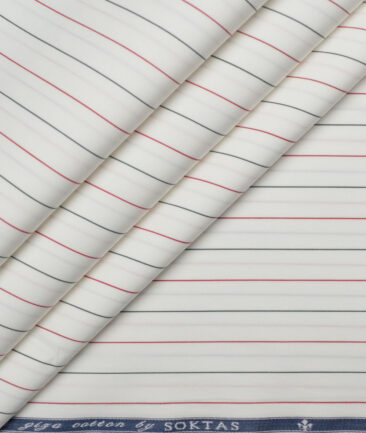 Soktas 2 Ply 140's Giza Cotton Striped Shirting Fabric (White & Red)