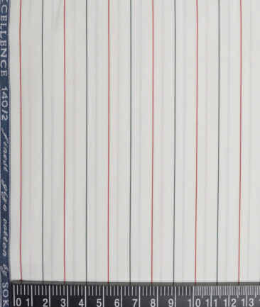 Soktas 2 Ply 140's Giza Cotton Striped Shirting Fabric (White & Red)