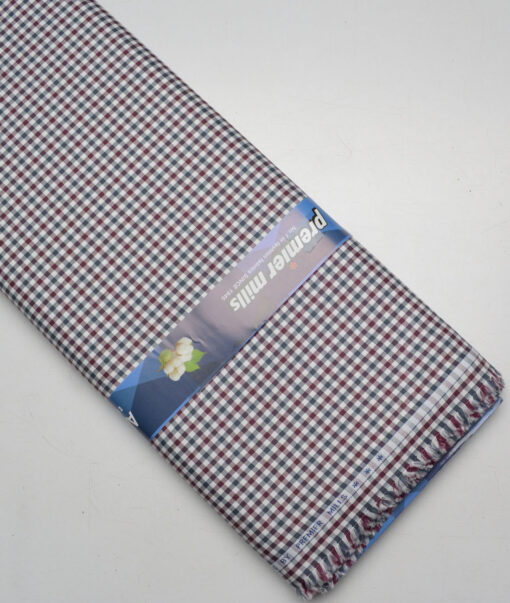 Premier Mills  Giza Cotton Checks Shirting Fabric (White & Maroon)