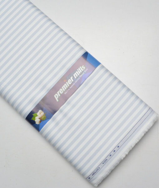 Premier Mills  Giza Cotton Striped Shirting Fabric (White & Grey)