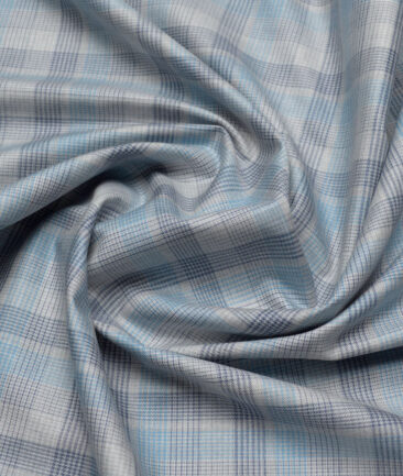 Tresca by Arvind  Superfine Cotton Checks Shirting Fabric (Light Grey & Teal Blue)