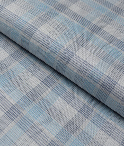 Tresca by Arvind  Superfine Cotton Checks Shirting Fabric (Light Grey & Teal Blue)