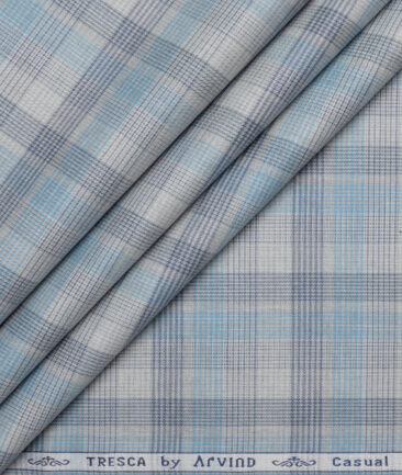 Tresca by Arvind  Superfine Cotton Checks Shirting Fabric (Light Grey & Teal Blue)