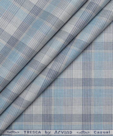 Tresca by Arvind  Superfine Cotton Checks Shirting Fabric (Light Grey & Teal Blue)