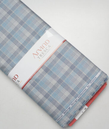 Tresca by Arvind  Superfine Cotton Checks Shirting Fabric (Light Grey & Teal Blue)