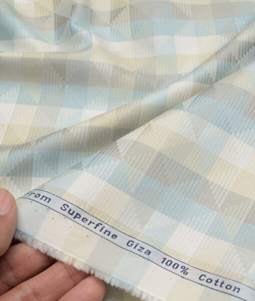 Tresca by Arvind  Giza Cotton Self Design Shirting Fabric (Cream & Arctic Blue)