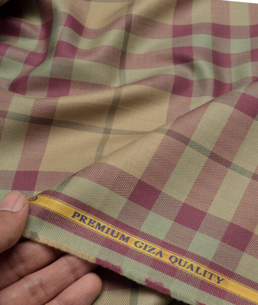 Soktas  Giza Cotton Checks Shirting Fabric (Light Brown & Maroon)