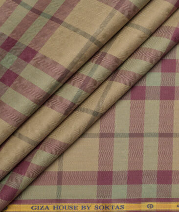 Soktas  Giza Cotton Checks Shirting Fabric (Light Brown & Maroon)