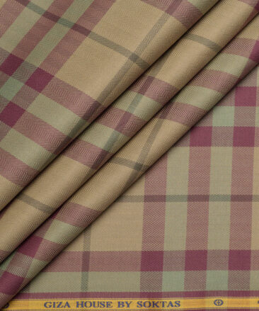 Soktas  Giza Cotton Checks Shirting Fabric (Light Brown & Maroon)