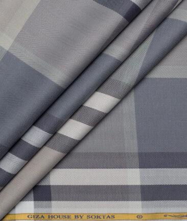 Soktas  Giza Cotton Checks Shirting Fabric (Grey & Blue)