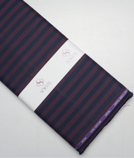 Soktas  Giza Cotton Striped Shirting Fabric (Blue & Wine)