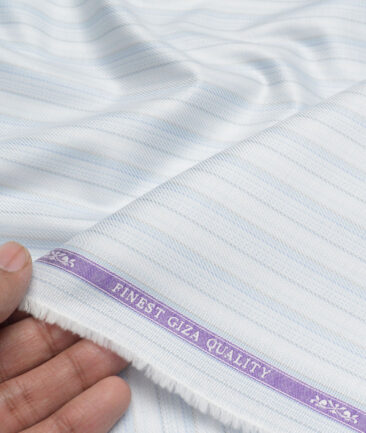 Soktas  Giza Cotton Striped Shirting Fabric (White & Blue)