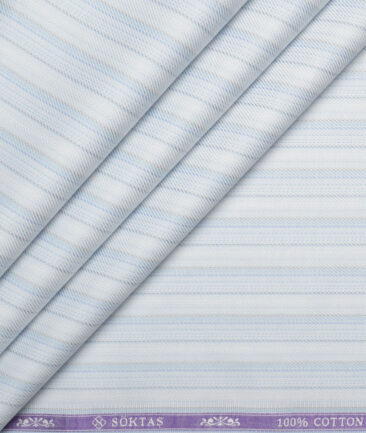 Soktas  Giza Cotton Striped Shirting Fabric (White & Blue)