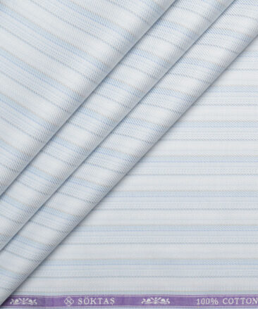 Soktas  Giza Cotton Striped Shirting Fabric (White & Blue)