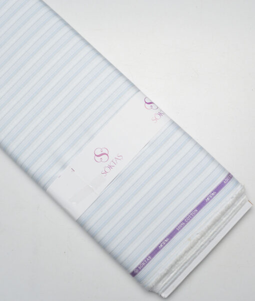 Soktas  Giza Cotton Striped Shirting Fabric (White & Blue)