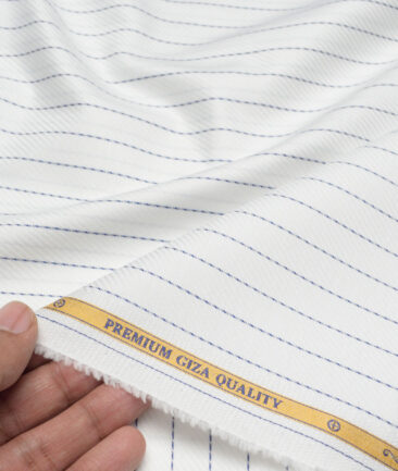 Soktas  Giza Cotton Striped Shirting Fabric (White & Blue)