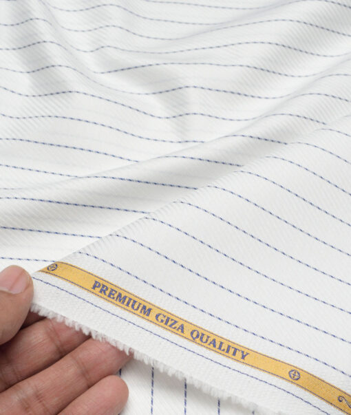 Soktas  Giza Cotton Striped Shirting Fabric (White & Blue)