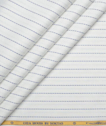 Soktas  Giza Cotton Striped Shirting Fabric (White & Blue)