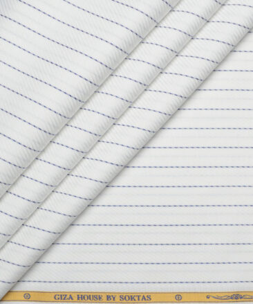 Soktas  Giza Cotton Striped Shirting Fabric (White & Blue)