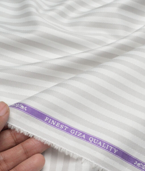 Soktas  Giza Cotton Striped Shirting Fabric (White & Light Grey)