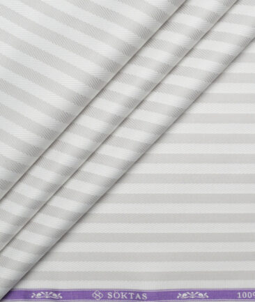 Soktas  Giza Cotton Striped Shirting Fabric (White & Light Grey)