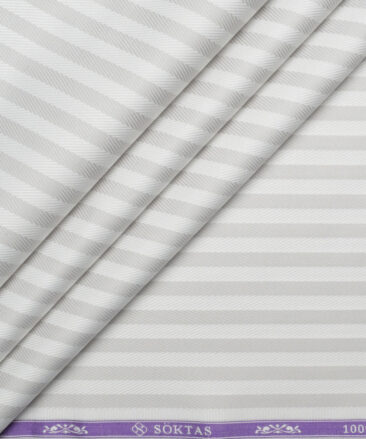 Soktas  Giza Cotton Striped Shirting Fabric (White & Light Grey)