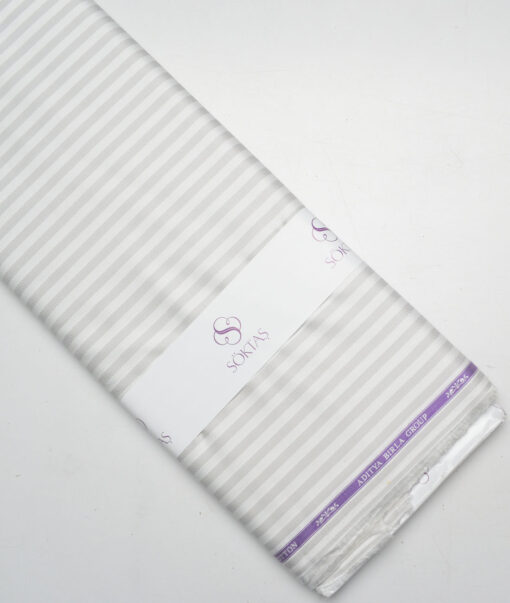 Soktas  Giza Cotton Striped Shirting Fabric (White & Light Grey)