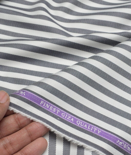Soktas  Giza Cotton Striped Shirting Fabric (White & Dark Grey)