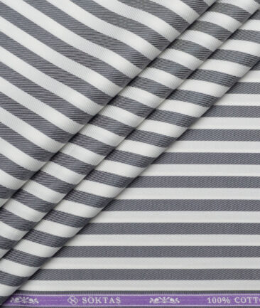 Soktas  Giza Cotton Striped Shirting Fabric (White & Dark Grey)