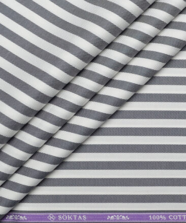 Soktas  Giza Cotton Striped Shirting Fabric (White & Dark Grey)