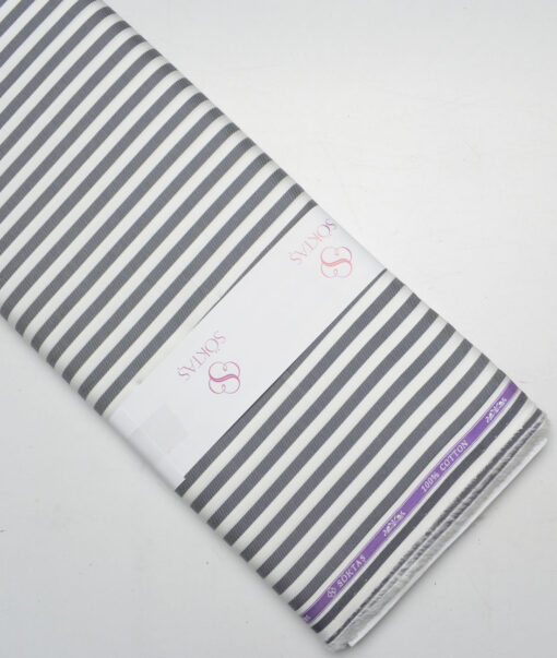 Soktas  Giza Cotton Striped Shirting Fabric (White & Dark Grey)