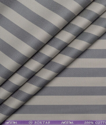 Soktas  Giza Cotton Striped Shirting Fabric (Light Brown & Grey)