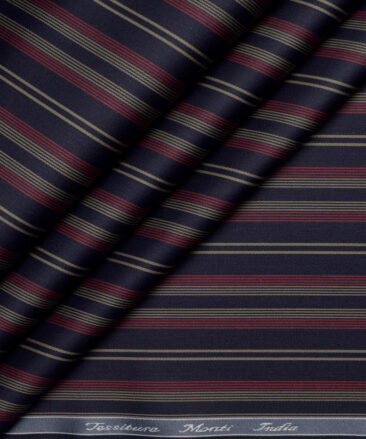 Tessitura Monti 2 Ply 70's Giza Cotton Striped Shirting Fabric (Navy Blue & Red)