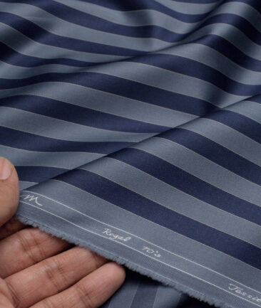 Tessitura Monti 2 Ply 70's Giza Cotton Striped Shirting Fabric (Greyish Blue & Navy blue)
