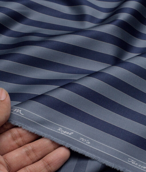 Tessitura Monti 2 Ply 70's Giza Cotton Striped Shirting Fabric (Greyish Blue & Navy blue)