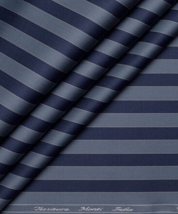 Tessitura Monti 2 Ply 70's Giza Cotton Striped Shirting Fabric (Greyish Blue & Navy blue)
