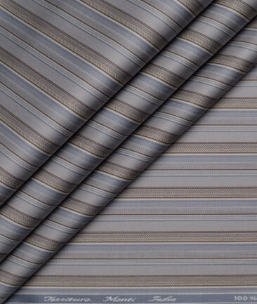 Tessitura Monti 2 Ply 70's Giza Cotton Striped Shirting Fabric (Grey & Brown)