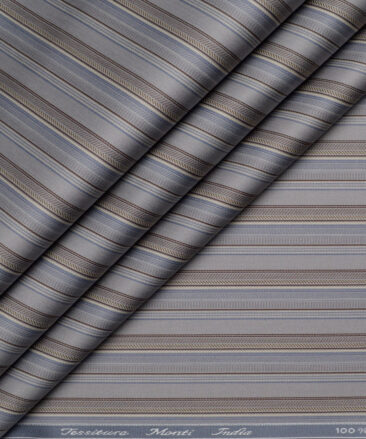 Tessitura Monti 2 Ply 70's Giza Cotton Striped Shirting Fabric (Grey & Brown)