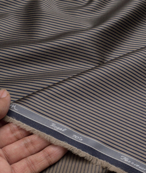 Tessitura Monti 2 Ply 70's Giza Cotton Striped Shirting Fabric (Light Brown & Blue)