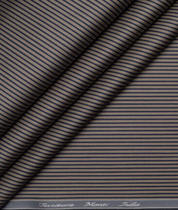 Tessitura Monti 2 Ply 70's Giza Cotton Striped Shirting Fabric (Light Brown & Blue)