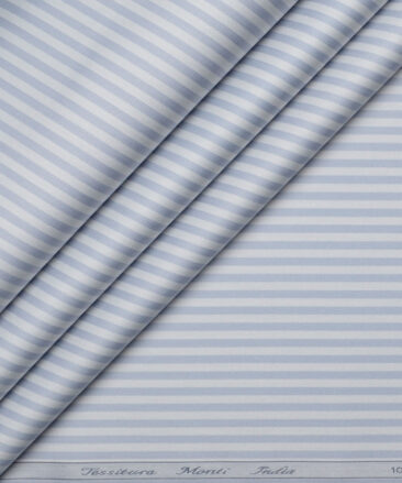 Tessitura Monti 2 Ply 70's Giza Cotton Striped Shirting Fabric (Grey & Blue)