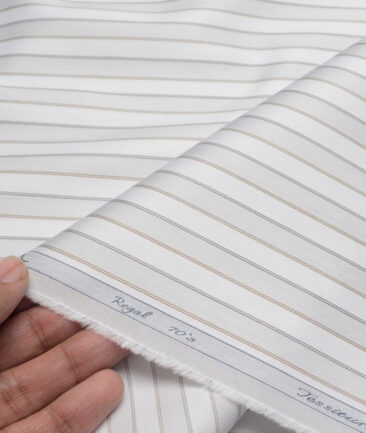 Tessitura Monti 2 Ply 70's Giza Cotton Striped Shirting Fabric (White & Grey)