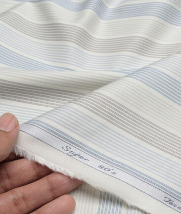 Tessitura Monti 2 Ply 80's Giza Cotton Striped Shirting Fabric (Cream & Blue)